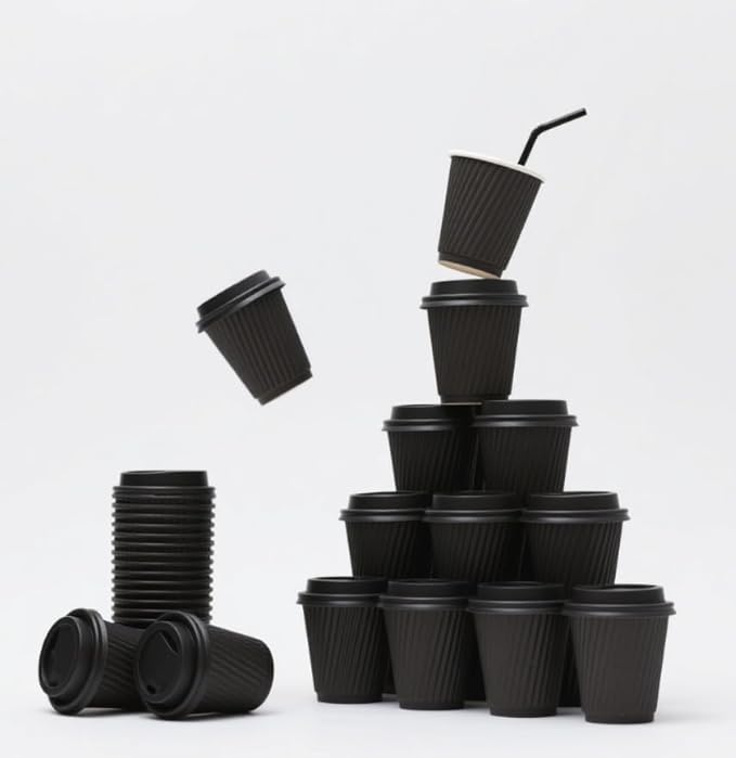 50 Set 12 oz Blue Ripple Paper Coffee Cups with Lids and Straws, Insulated Disposable Corrugated To-Go Cups for Hot and Cold Drinks, Ideal for Cafes, Offices, Parties, and Events