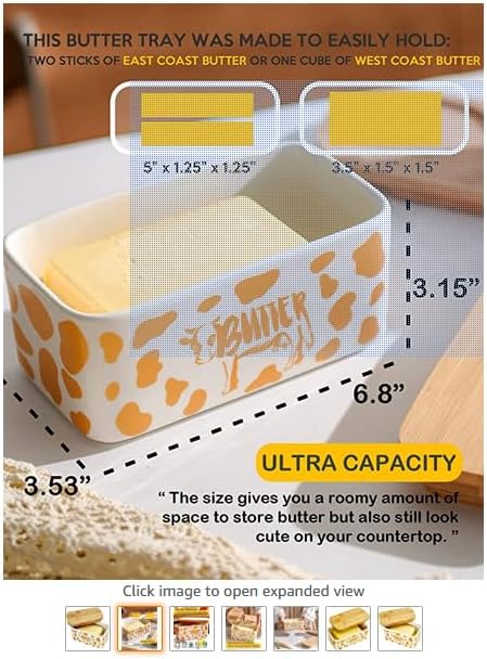 Cow Butter Holders, Cceramic Butter Dish with Lid, Large Butter Dish with Lid for Countertop, Silicone Sealing, Good Kitchen Gift, White (Gold with Knif)
