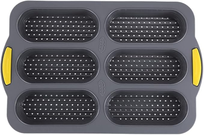 MUJUZE Hot Dog Bun Pan,6 Cavity Bread Loaf Pan,Silicone Hotdog Bun Mold,Nonstick & Heat proof Homemade Hotdog Bun Baking Pans,Sub Roll Baking Pans