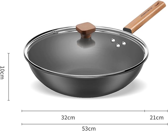 Woks & Stir-Fry Pans with Lid & Wooden Handle, No Chemical Coated Flat Bottom Chinese Wok Pan Cookware All Stoves