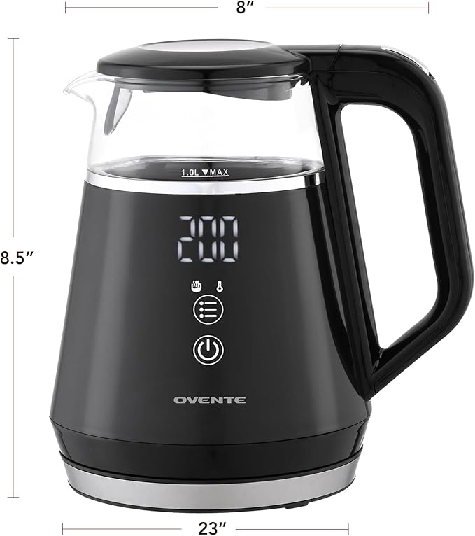 OVENTE 1L Small Electric Kettle with 5 Temperature Preset, Digital Display, 5Hr Keep Warm, Auto Shut-Off, Double-Wall Cool Touch Exterior, Borosilicate Glass,1500W BPA Free Water Boiler, Black KD95B