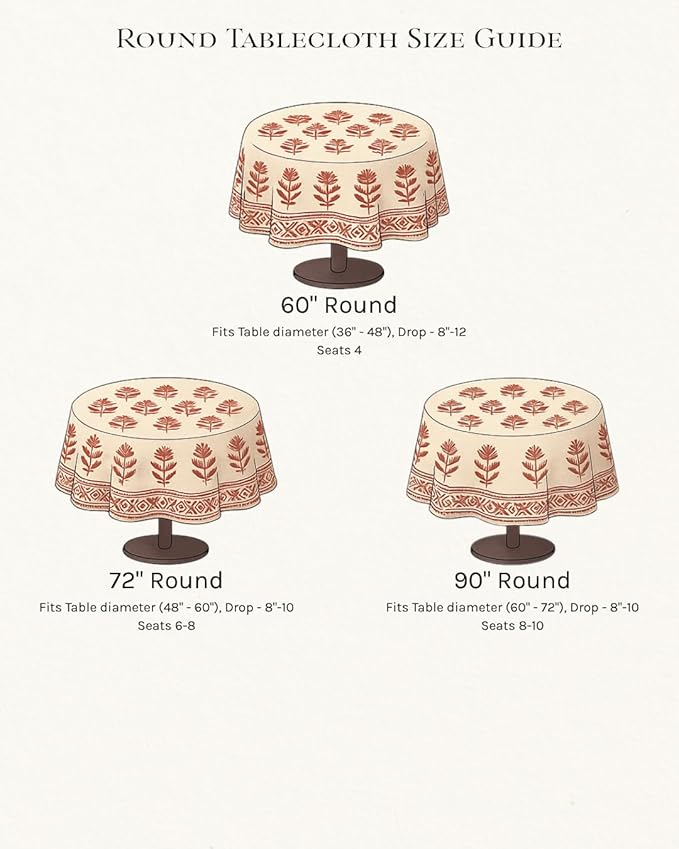 ATOSII Amara 100% Cotton Round Summer Tablecloth, Handblock Print Floral Table Cloth for Kitchen Dining Linen I Parties, Weddings, Outdoors I Grand Millennial Farmhouse Home Decor 72" Inches Round