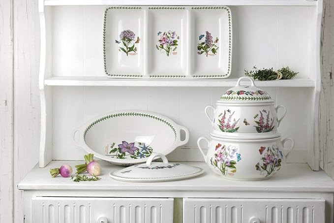 Portmeirion Botanic Garden Oval Covered Casserole | 15 Inch Casserole Dish with Assorted Floral Motifs | Made from Porcelain | Dishwasher and Microwave Safe