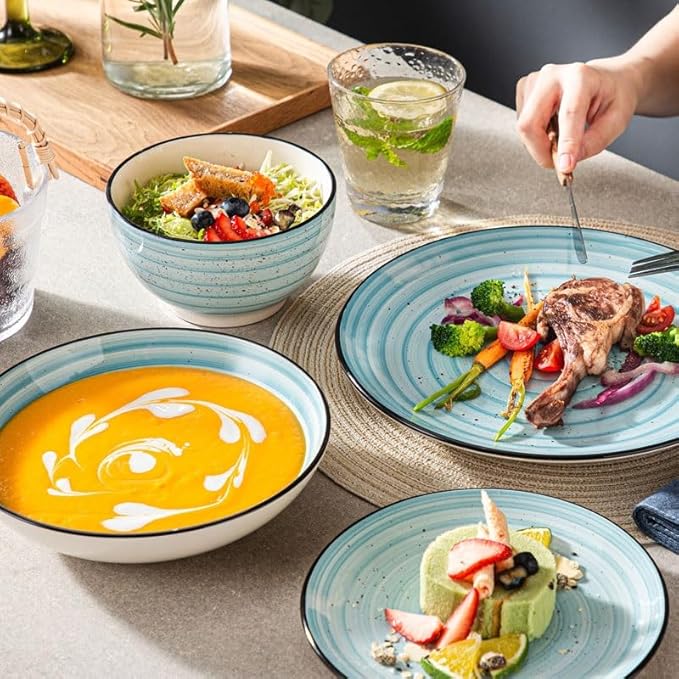 24/48-Piece Handpainted Spirals Stoneware Dinner Combi-Set with Bowl Dessert Plate Soup Plate Dinner Plate(48pcs)