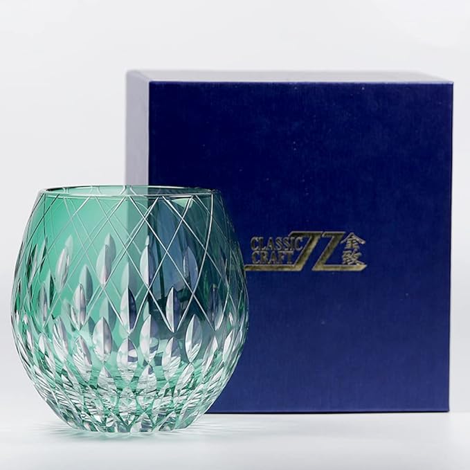 JINZHI Japanese Style EDO Kiriko Whiskey Glasses 11OZ Unique Shape Colored Hand Carved Glass Tumbler for Bourbon Lovers - Style Glassware for Rum - Rocks Glass in Gift Box (Dark Green)