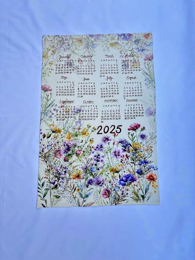 Spring Floral 2025 Calendar, Linen Calendar 2025 (Cream Teatowel+ Dark Wooden Hanger)