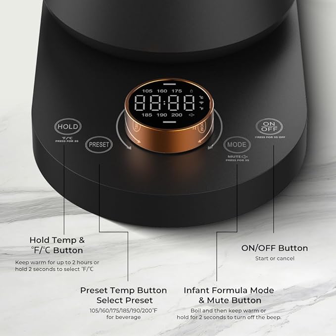 Gooseneck Electric Kettle with 7 Presets & ±1°F Precision Temperature Control, Pour Over Coffee & Tea Kettle, Hot Water Boiler, 100% Stainless Steel Inner, 1000W/0,8L, Matte Black