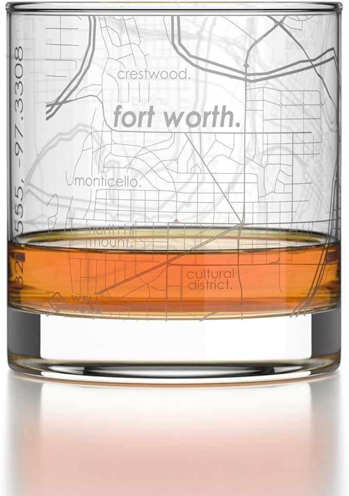 Well Told Engraved Fort Worth Texas Map Rocks Glass, Old Fashioned Glassware (11 oz, Clear) Etched Bourbon Tumbler, Gifts For Whiskey Lovers