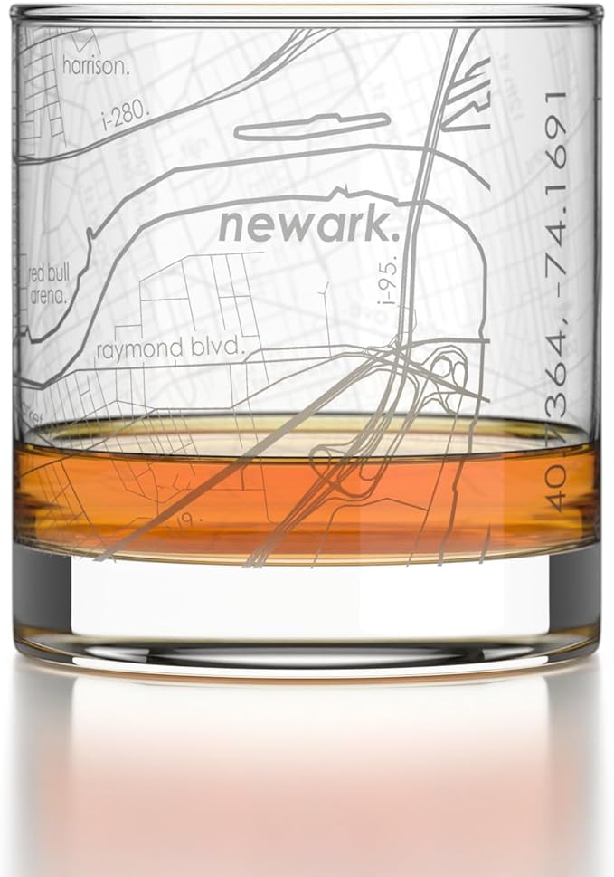 Well Told Engraved Newark New Jersey Map Rocks Glass, Old Fashioned Glassware (11 oz, Clear) Etched Bourbon Tumbler, Gifts For Whiskey Lovers