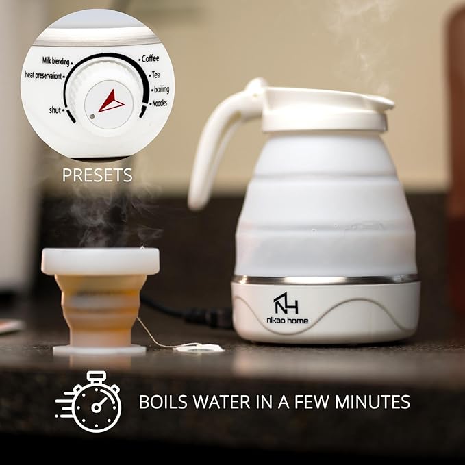 Nikao Home Foldable Electric Kettle With Milk Frother and Foldable Cup –Travel Kettle, Portable Tea Kettle for Travel, Mini Collapsible Water Warmer, Compact Design for Easy Storage and Quick Heating.