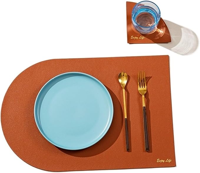 Placemat Table Mat Plate Tableware Pad PU Leather Heat Insulation Non-Slip Bowl Coaster Set for Dinner Kitchen(Azure)