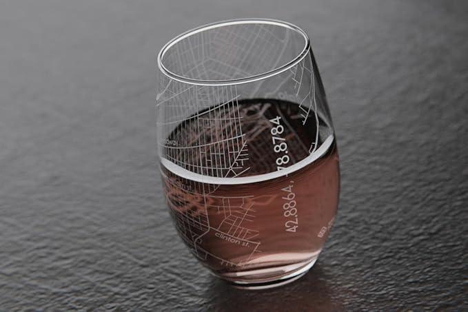 Well Told Engraved Buffalo NY Map Stemless Glass, Custom Etched City Map Wine Glass (15 oz, Clear) for Wine Lovers
