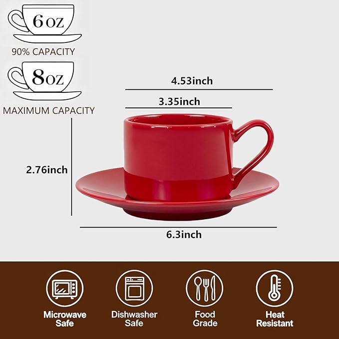 Porcelain 8oz Cappuccino Cup with Saucer - Ceramic Coffee Mug Perfect For Latte&Tea - Microwave and Dishwasher Safe -Tea Cup Sets for Afternoon Party,Christmas Gift,Red