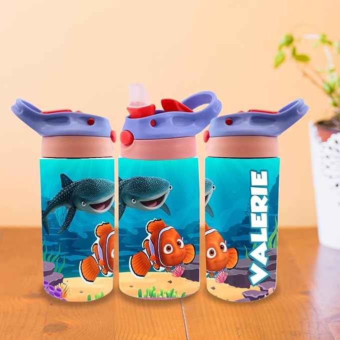 Personalized Movies Kids Water Bottle 12oz Insulated Tumbler with Lid and Custom Name (Finding NEMD)