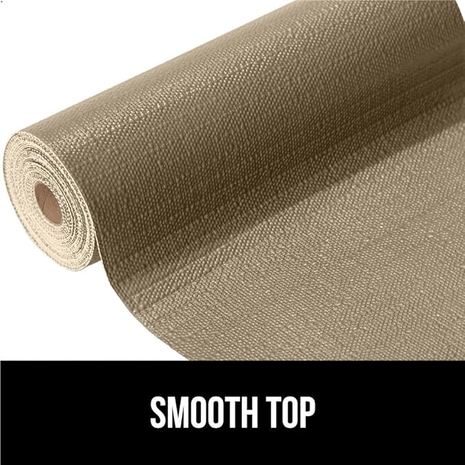 GORILLA GRIP DripGuard Shelf Liner, Non Adhesive Drawer and Kitchen Cabinet Protector, Slip Resistant BPA Free Smooth Surface Plastic Liners for Cabinets, Bathrooms, Closets, 12x240 Inch, Beige