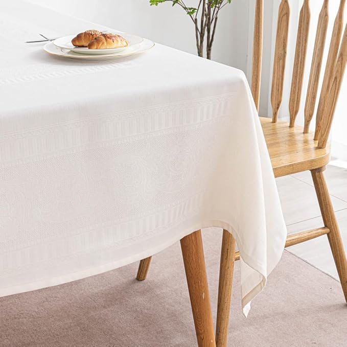 MANGATA CASA Rectangle Tablecloth Faux Cotton Waterproof and Wrinkle Resistant Washable Jacquard Polyester Table Cloth for Kitchen Dining/Party/Indoor and Outdoor Use(White,60x84 inch)