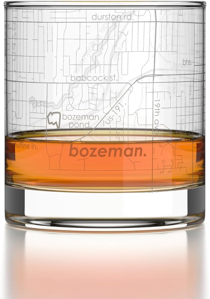 Well Told Engraved Bozeman Montana Map Rocks Glass, Old Fashioned Glassware (11 oz, Clear) Etched Bourbon Tumbler, Gifts For Whiskey Lovers