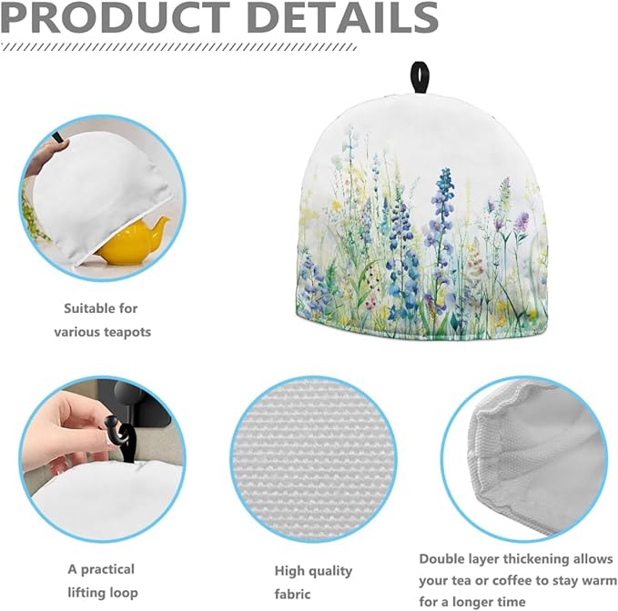 Tea Cozy for Teapots with Handle, Blue & Green Wildflower Print Dust Insulated Cover, Hanging Fold-Up Design, Suitable for Kitchen and Living Room Table Decoration