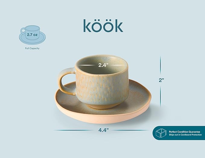 KooK Espresso Mug and Saucer Set, Ceramic Cups and Plates with Rustic Organic Shape and Feathered Texture, Dishwasher and Microwave Safe, 2.7 oz, Set of 4, Neutral Multicolor (2.7 Oz)