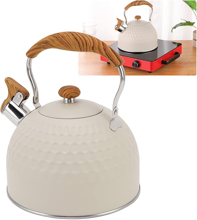 Stainless Steel Tea Kettle stove top kettle whistling Tea Pots for Stove Top Food Grade Whistling Tea Kettle with Wood Pattern Folding Handle for Tea Coffee Milk