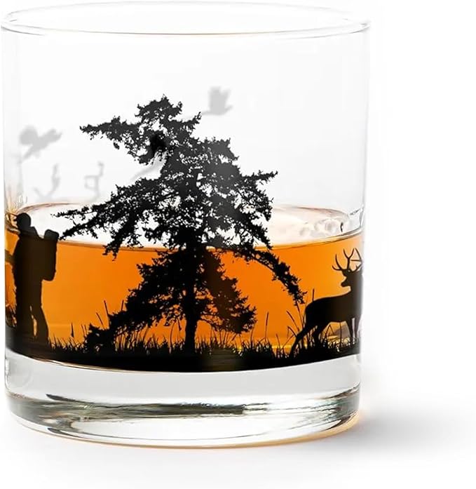 Black Lantern Whiskey Glass - 11oz. Old Fashioned Whiskey Glass - Tumbler Glasses for Nature Lovers - One Rock Glass for Cocktails Bourbon Scotch and Whisky (Hunting Landscape)