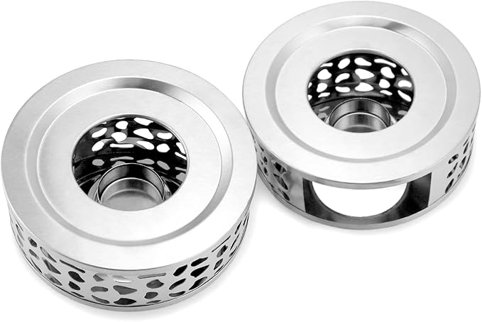 QWORK Tea Kettle Warmer, 2 Pack Brushed Stainless Steel Tea Kettle, Hollow Frame, with Tea Candle Holder, Fits Most Teapots, Silver