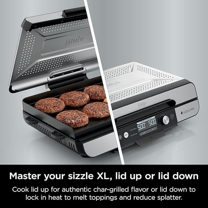 Ninja Sizzle Pro XL 20-Inch Indoor Griddle + Grill, Detachable Ventilated Lid, Grease Control, Ceramic Nonstick Plates, Even Edge-to-Edge Cooking, XL Capacity, Versatile, Silver GX101 (Renewed)