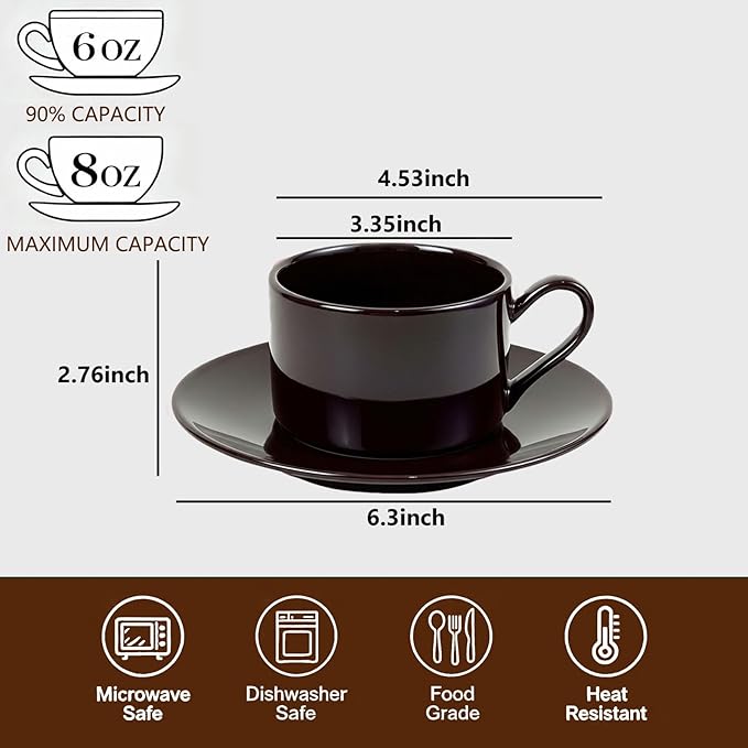 Porcelain 8oz Cappuccino Cup with Saucer - Ceramic Coffee Mug Perfect For Latte&Tea - Microwave and Dishwasher Safe -Tea Cup Sets for Gift,Afternoon Party,Brown