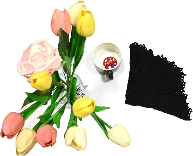 BIBITIME Tulip Flower Doilies Lace Doilies Kitchen Table Doily Mats Tablecloth Handmade Crochet Placemats Vase Dish Plate Mat (1 PC- 15 inches- 16 inches, Black)