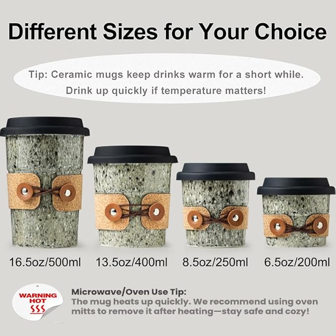 Travel Coffee Mug, Reusable Coffee Cup with Lid, Microwave & Dishwasher Safe, Camp Mug with Spill Proof Lid, Ceramic Camp Tumbler for Men and Women, 8.5oz