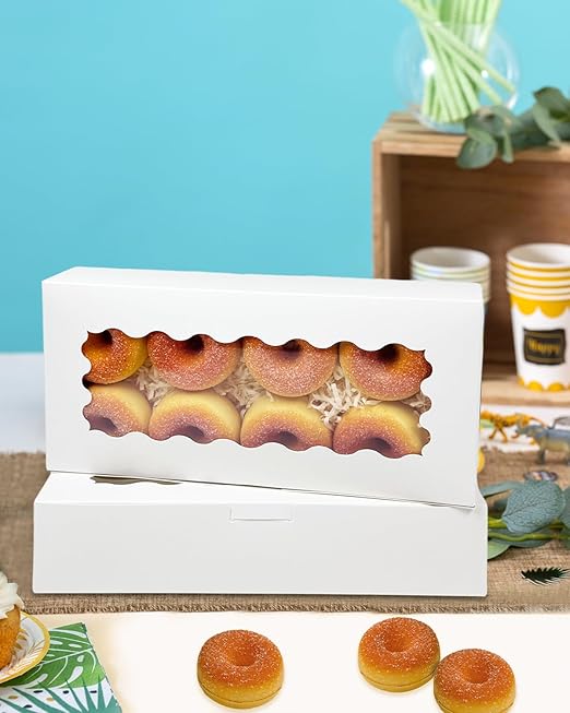 qiqee 50 Packs White Cookie Box with Window 12x5.5x2.5 Inch Two Uses Pastry Biscuit Bakery Box For Packaging
