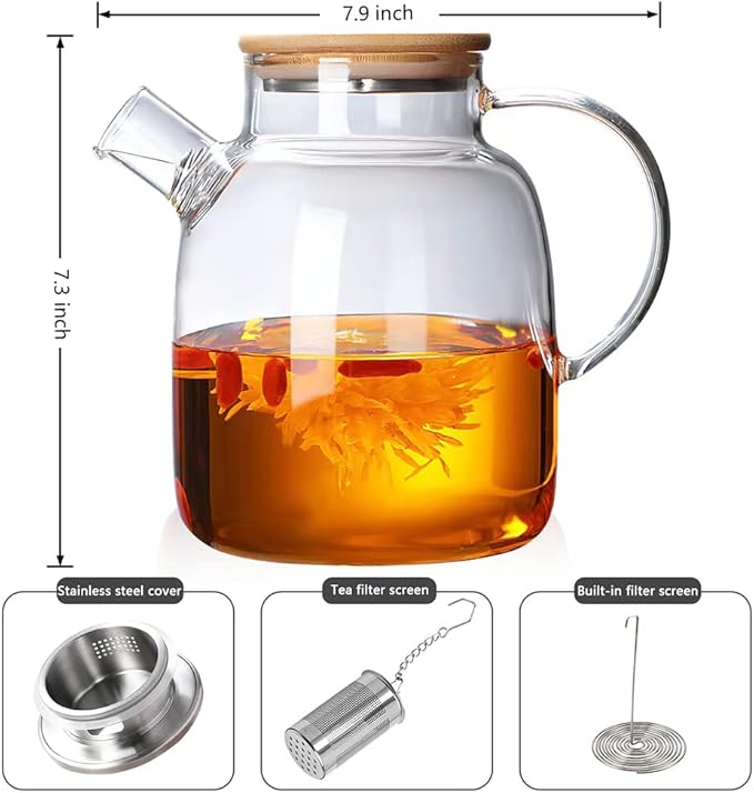 Set of 5 Glass Tea Pot with Bamboo/Stainless Lid and 2 Removable Stainless Steel Spring Infusers - Clear Teapot, Glass Tea Kettle, Stovetop Safe