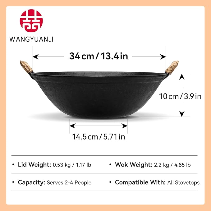 WANGYUANJI 13.4" Cast Iron Wok with Lid, Dual Handles - Flat Bottom Chinese Stir Fry Pan for Induction & Gas Stoves - Traditional Handcrafted Turtle Shell Texture, Uncoated & Non-Toxic