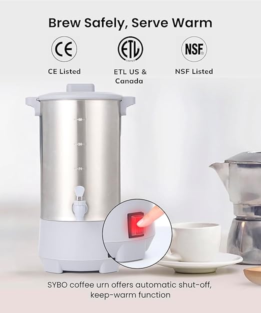 SYBO 45Cup Coffee Urn, Commercial Grade Stainless Steel Percolate Coffee Maker, Removable Filter, Easy to Clean, Hot Water Urn for Catering, Hot Beverage Dispenser with Cool-Touch Handles, 6L, Grey