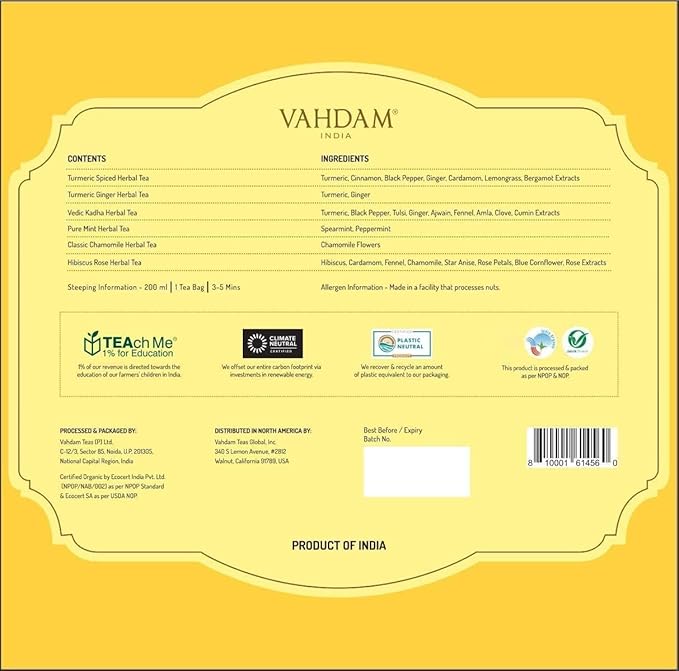VAHDAM, Assorted Herbal Tea Variety Pack (6 Variants, 36 Tea Bags) Caffeine Free, Gluten Free, Non GMO | Eco Friendly Long Leaf Pyramid Tea Bags I Tea Gift Set for Men and Women