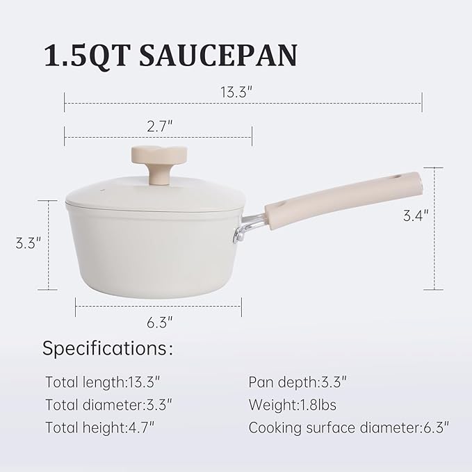 1.5QT Saucepan with Lid, Nonstick Ceramic Coating, PFAS & PFOA-Free, Induction Compatible, Dishwasher Safe, Stay-Cool Handles, Durable Scratch-Resistant Design