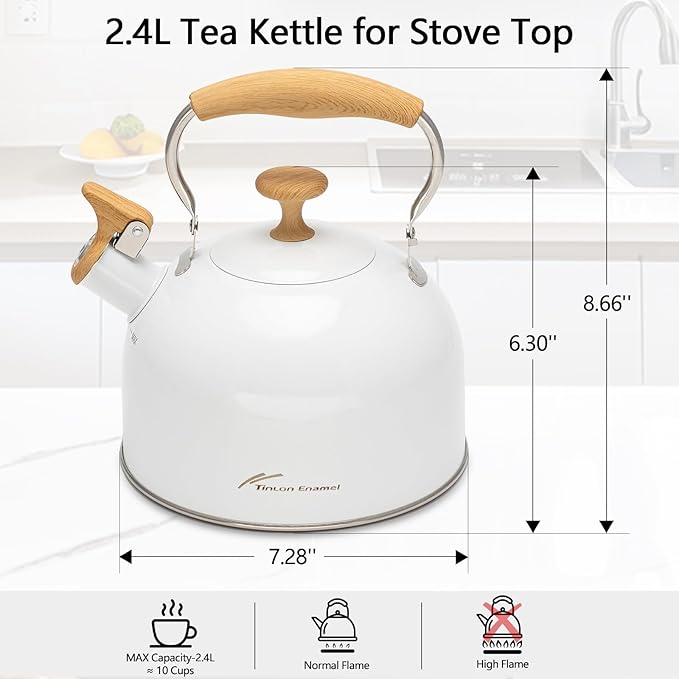 Tea Kettle, 304 Stainless Steel Whistling Tea Kettle,2.5 Quart/2.4L Stovetop Tea pot for Induction & Gas Stove with Ergonomic Folding Handle, Loud Whistle for Tea, Coffee, Milk - Milk White