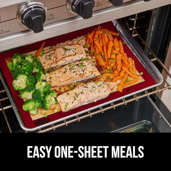 GORILLA GRIP Reusable Nonstick Silicone Baking Mat, 2-Pack, 16.5x11.87, Half Sheet, BPA-Free Oven Safe Food Liner for Cookie Sheets, No Mess Easy Clean Pastry Mats, Holiday Baking Essentials, Red