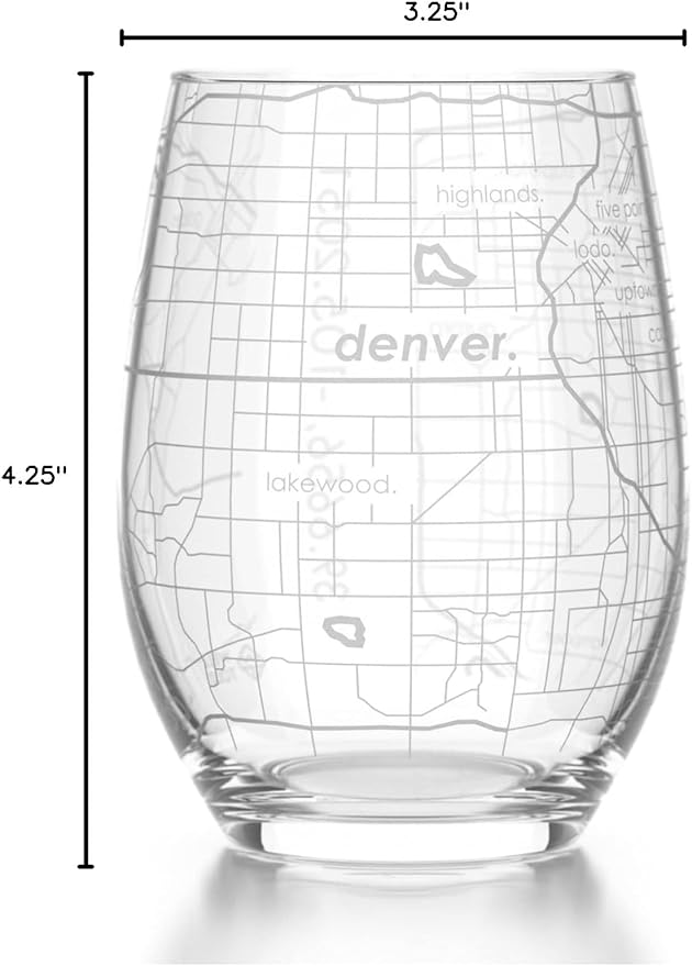 Well Told Engraved Denver Colorado Map Stemless Wine Glass, Etched Wine Glass (15 oz, Clear) City Map Wine Glass, Custom Wine Glass, Gifts for Wine Lovers