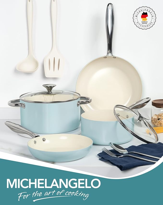 MICHELANGELO Pots and Pans Set Non Stick - Titanium Cookware Set Non Toxic Ceramic Coating, 8-Pcs Nonstick Pots and Pans with Ergonomic Handle, Dishwasher Safe & Induction Compatible, Blue