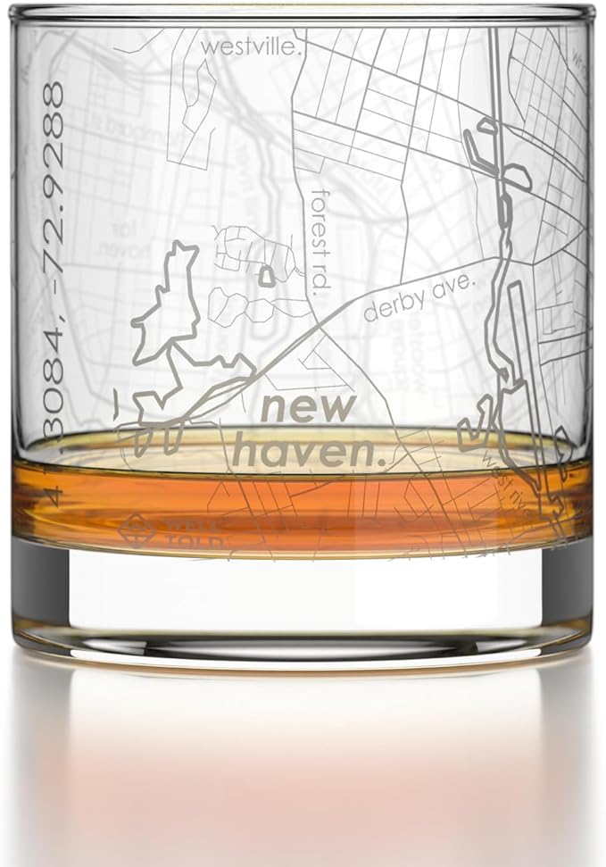 Well Told Engraved New Haven Connecticut Map Rocks Glass, Old Fashioned Glassware (11 oz, Clear) Etched Bourbon Tumbler, Gifts For Whiskey Lovers