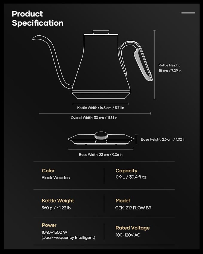 Cocinare FLOW B9 Gooseneck Electric Kettle, Precise Temperature Control for Pour-Over Coffee & Tea Brewing, Stainless Steel Interior, Rapid Heating for Boiling Water 0.9L (Obsidian Black)