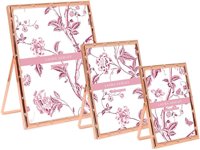 Laura Ashley 8x10 Rose Gold Bamboo Metal Picture Frame (Vertical) with Pull-Out Easel Stand, Made for Tabletop, Counterspace, Shelf and Desk