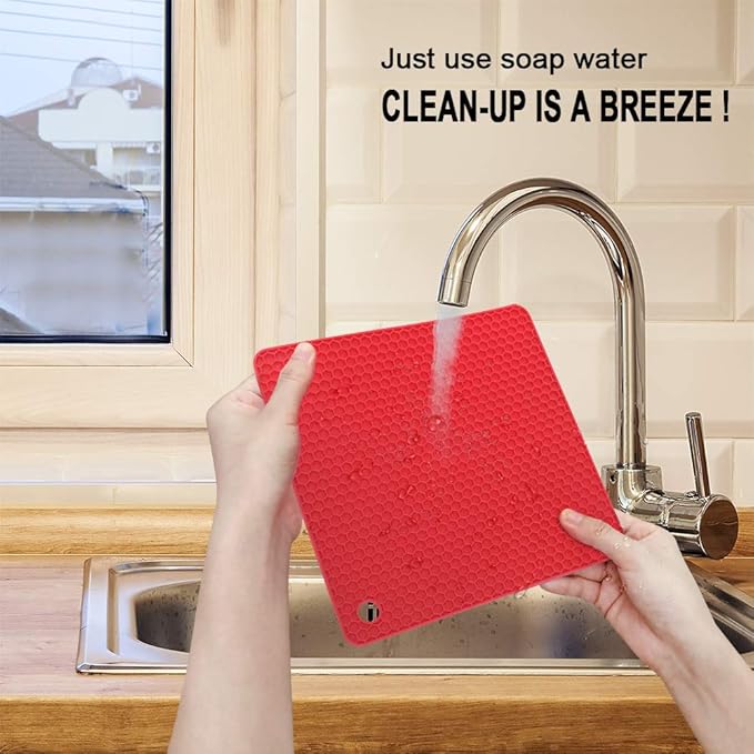 Walfos Silicone Trivet Mats - 4 Heat Resistant Pot Holders, Multipurpose Non-Slip Hot Pads for Kitchen Potholders, Hot Dishers, Jar Opener, Spoon Holder, Food Grade and BPA Free (Red)