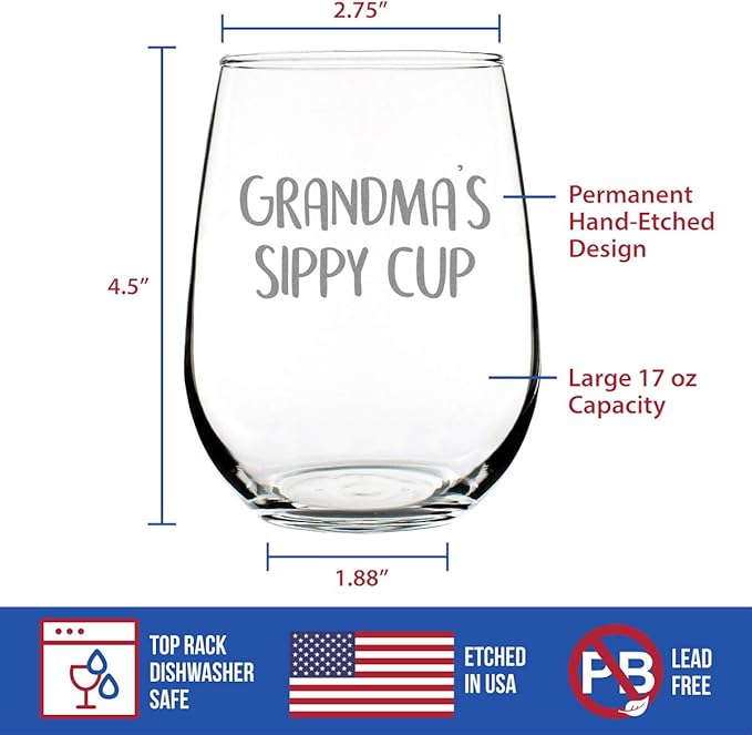 Custom Grandma's Sippy Cup - Stemless Wine Glass Gift with Personalized Engraved Message - Cute Birthday Glasses Gifts for Grandma