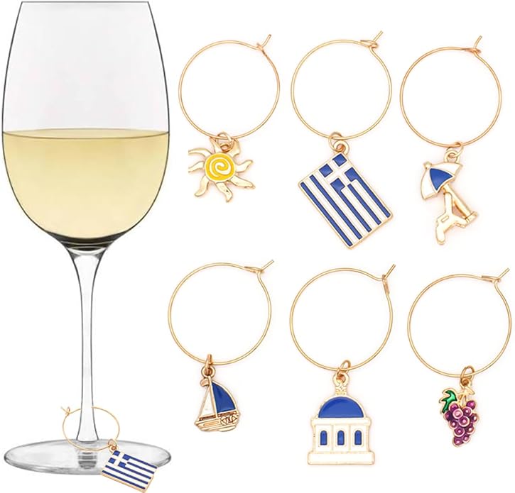 Serendipity Greek Wine Glass Charms, Gift for Greeks, Greece Inspired Glass Identifiers, Set Include 6 charms: Greek Flag, Santorini Chapel, Sun, Sunbed, Boat and Grape, Greek Woman Gift