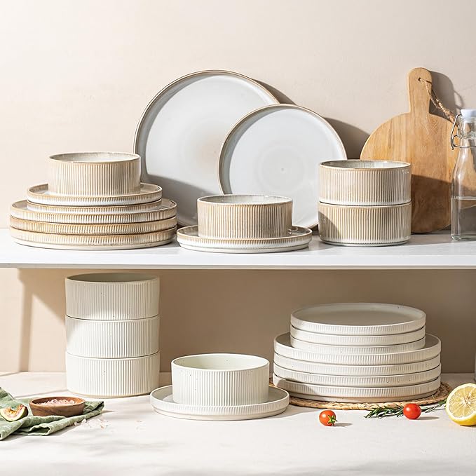 Ceramic Dinnerware Set 12 Piece – Plates and 22oz Bowls Set for 4, Scratch Resistant, Microwave & Dishwasher Safe, Beige