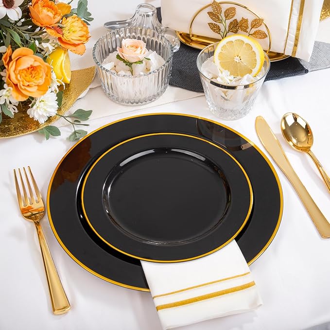 SUT 350-Piece Black and Gold Disposable Plates - Elegant Plastic Dinnerware for 50 Guests, Includes Cups & Napkins | Durable Leak-Proof Design for Weddings, Birthdays, Holidays