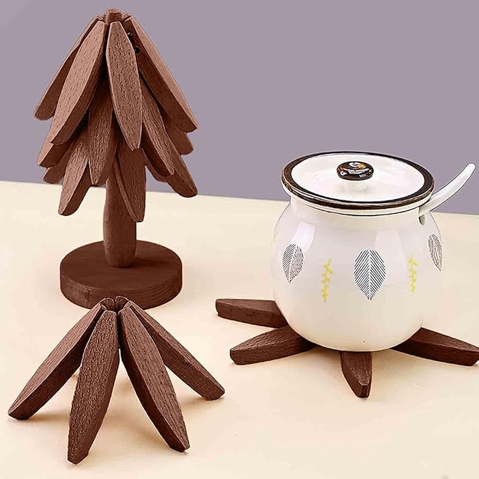 Wooden Trivets for Hot Dishes,Natural Tree Trivet Set,Foldable Wooden Trivet,Black Walnut Wooden Tree Coaster Set for Hot Dish/Pot/Bowl/teapot/hot Pot Set(4 Piece-Walnut)