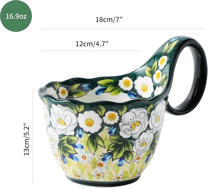 ALMA 2025 Updated 18oz Soup Bowl Microwave Safe,Floral Green Soup Bowl with Loop Handle,Unique Cereal Bowl for Soup,Yogurt,Snack,Chip,Stew,Ice cream-Country Jasmine Theme